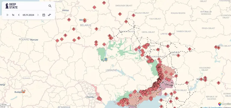 Χάρτης της 5ης Νοεμβρίου 2024, που απεικονίζει την πρόοδο των ρωσικών δυνάμεων επί των ουκρανικών εδαφών, από την ιστοσελίδα ανάλυσης του πολέμου Deep State