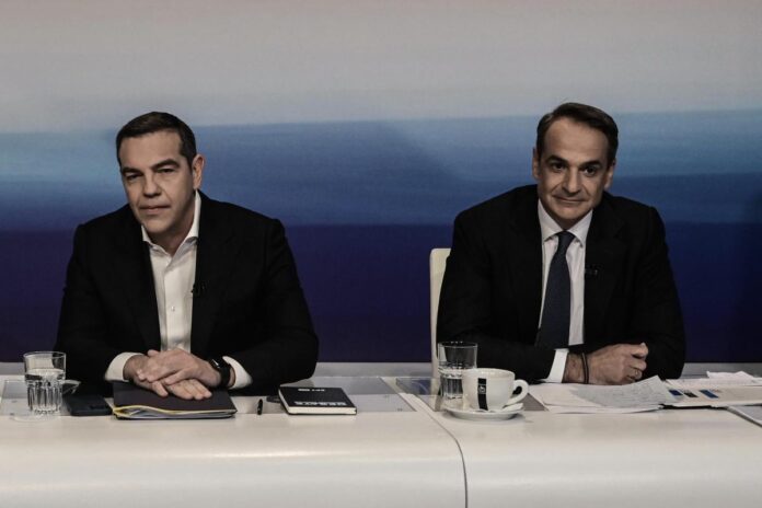 Debate των πολιτικών αρχηγών για τις εκλογές της 21ης Μαΐου, στο Ραδιομέγαρο της ΕΡΤ, Τετάρτη 10 Μαΐου 2023. Στο debate συμμετείχαν οι αρχηγοί των κοινοβουλευτικών κομμάτων, Κυριάκος Μητσοτάκης (Νέα Δημοκρατία), Αλέξης Τσίπρας (ΣΥΡΙΖΑ-ΠΣ), Νίκος Ανδρουλάκης (ΠΑΣΟΚ-Κίνημα Αλλαγής), Δημήτρης Κουτσούμπας (ΚΚΕ), Κυριάκος Βελόπουλος (Ελληνική Λύση), Γιάνης Βαρουφάκης (ΜέΡΑ25). Οι δημοσιογράφοι των έξι τηλεοπτικών καναλιών πανελλαδικής εμβέλειας που συμμετείχαν, Μάρα Ζαχαρέα (STAR), Σία Κοσιώνη (ΣΚΑΪ), Γιώργος Παπαδάκης (ΑΝΤ1), Αντώνης Σρόιτερ (ALPHA), Παναγιώτης Στάθης (OPEN) και Ράνια Τζίμα (MEGA) ενώ την συζήτηση συντόνισε ο δημοσιογράφος της ΕΡΤ, Γιώργος Κουβαράς. (ΜΙΧΑΛΗΣ ΚΑΡΑΓΙΑΝΝΗΣ/EUROKINISSI)